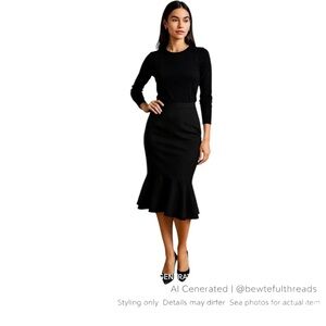 Marciano Black Mermaid Midi Skirt Size 6 Bodycon Flounce Work Office Chic